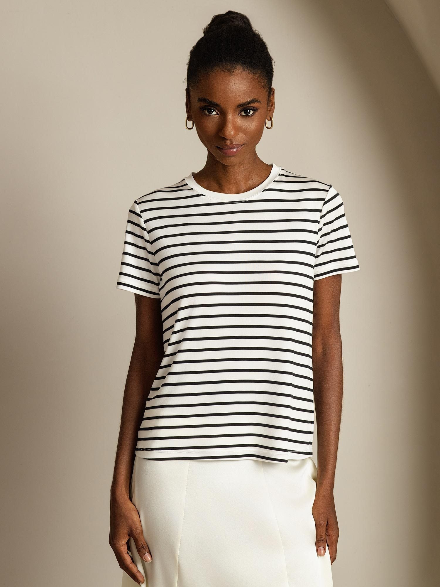 [RayureBlanche] SilkSilky-FR Soie Col Rond Femme T-Shirt 003