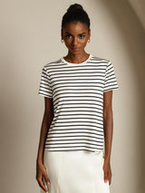 [RayureBlanche] SilkSilky-FR Soie Col Rond Femme T-Shirt 003