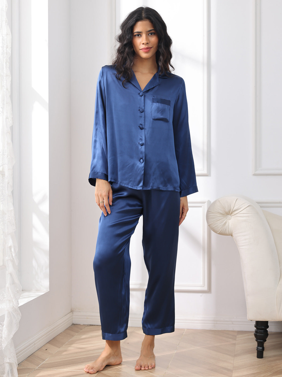 [Bleu Foncé] SilkSilky-FR Pure Soie Womens Pajamas 003