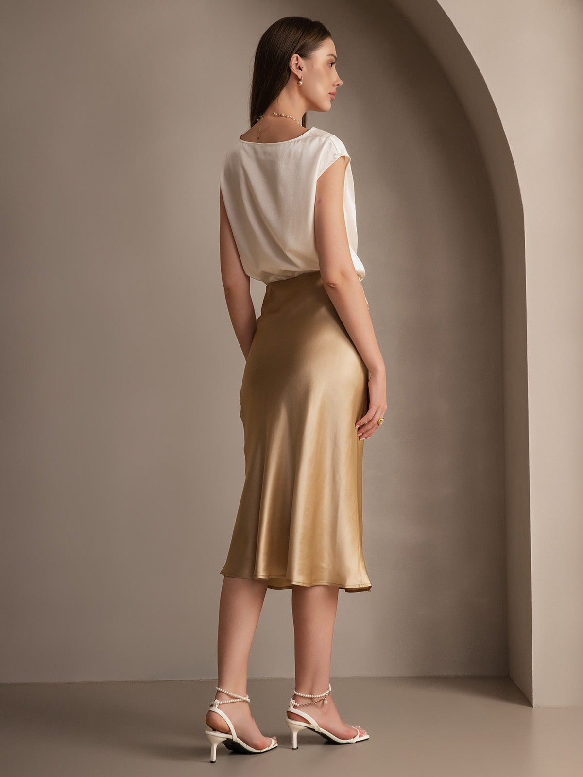 SilkSilky FR 19Momme Pure Soie Skirt Champagne 006