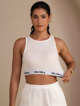 [Blanc] SilkSilky-FR Sleeveless Crew Neck Top À Fines Brides 003