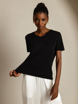 [Noir] SilkSilky-FR Short Sleeve V Neck Femme T-Shirt 006