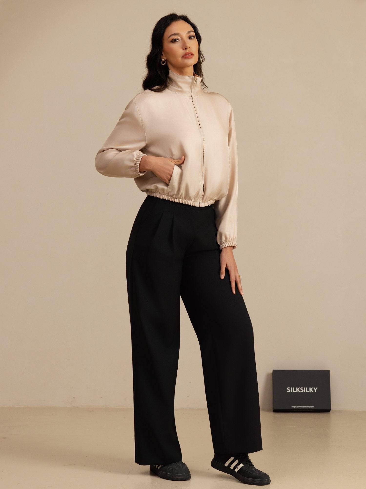 [Tan+Rose] SilkSilky-FR 18Momme Manches longues Col Montant Femme Manteaux 008