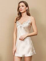 [Beige] SilkSilky-FR Sleeveless V Neck Chemises de nuit 001