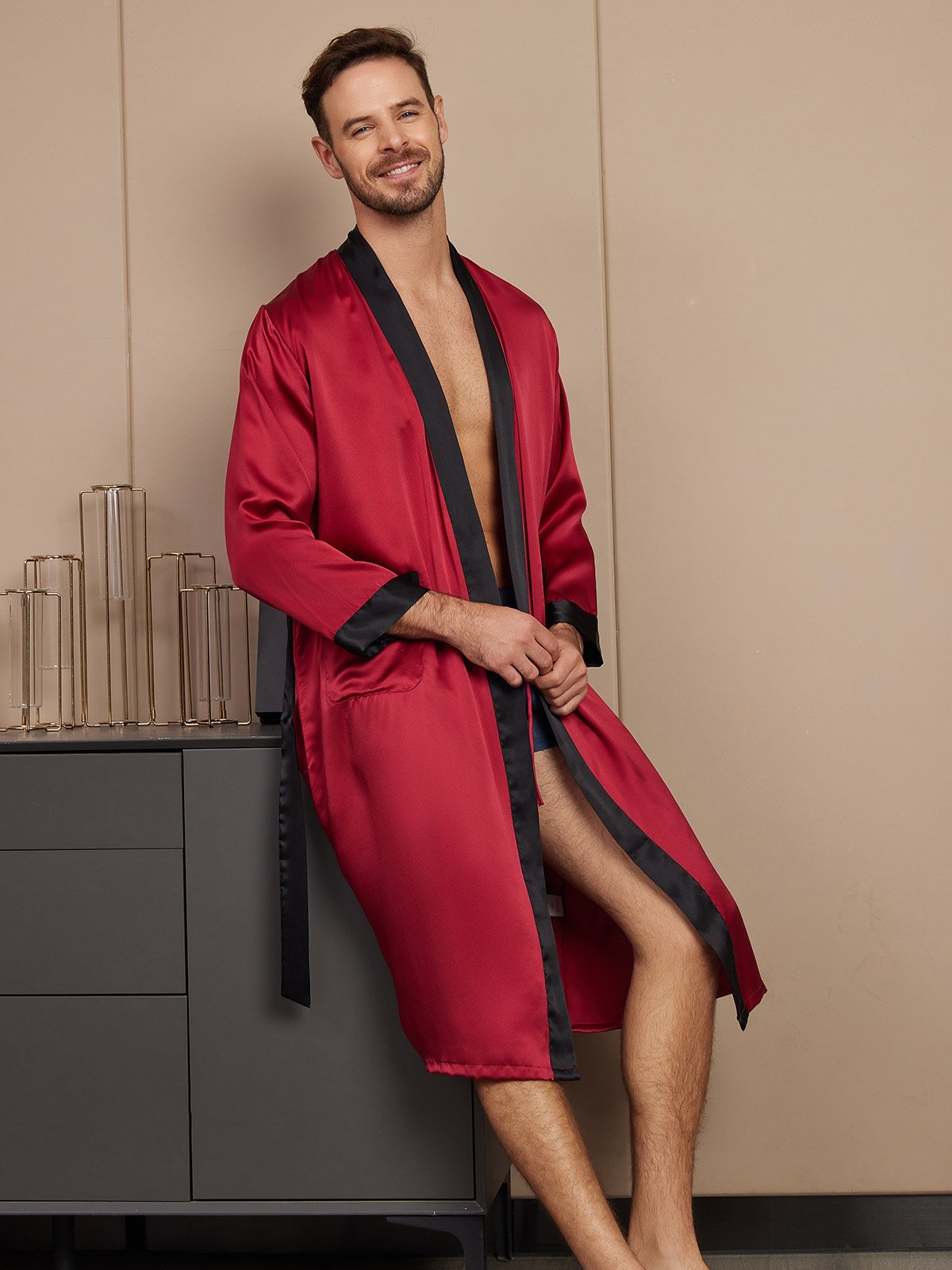 SilkSilky FR Pure Soie Manches longues Mens Robe RougeVineux 005