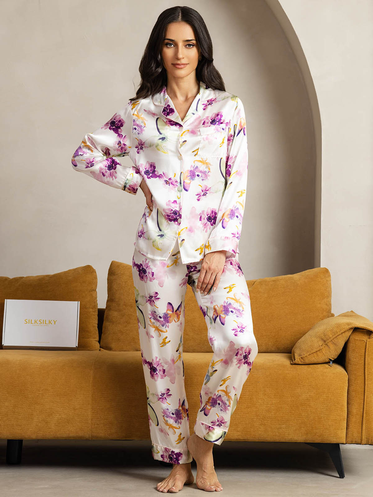 [Fleurs Aquarelle] SilkSilky-FR Pure Soie Womens Pajamas 004