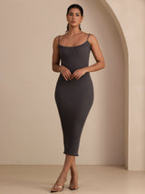 [Gris] SilkSilky-FR Spaghetti Strap Square Neck Robes 001