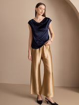 [Bleu Foncé] SilkSilky-FR Cap Sleeve Cowl Neck Femme T-Shirt 004