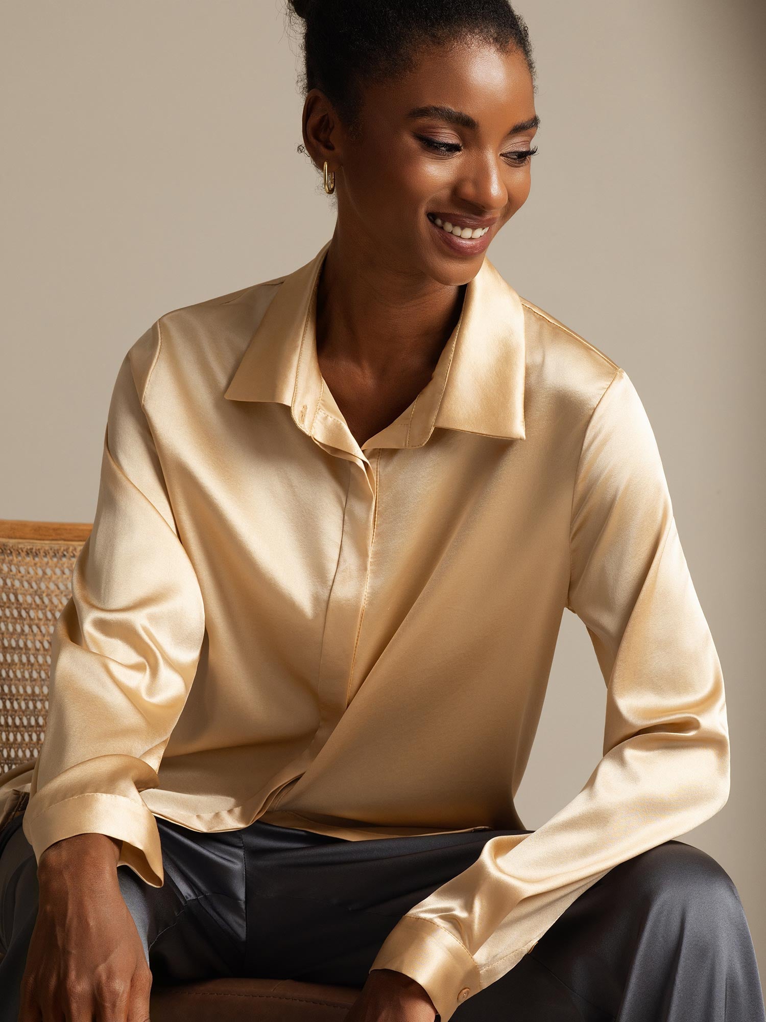 [Champagne] SilkSilky-FR 19Momme Soie Manches longues Col Chemise Femme Chemise 001