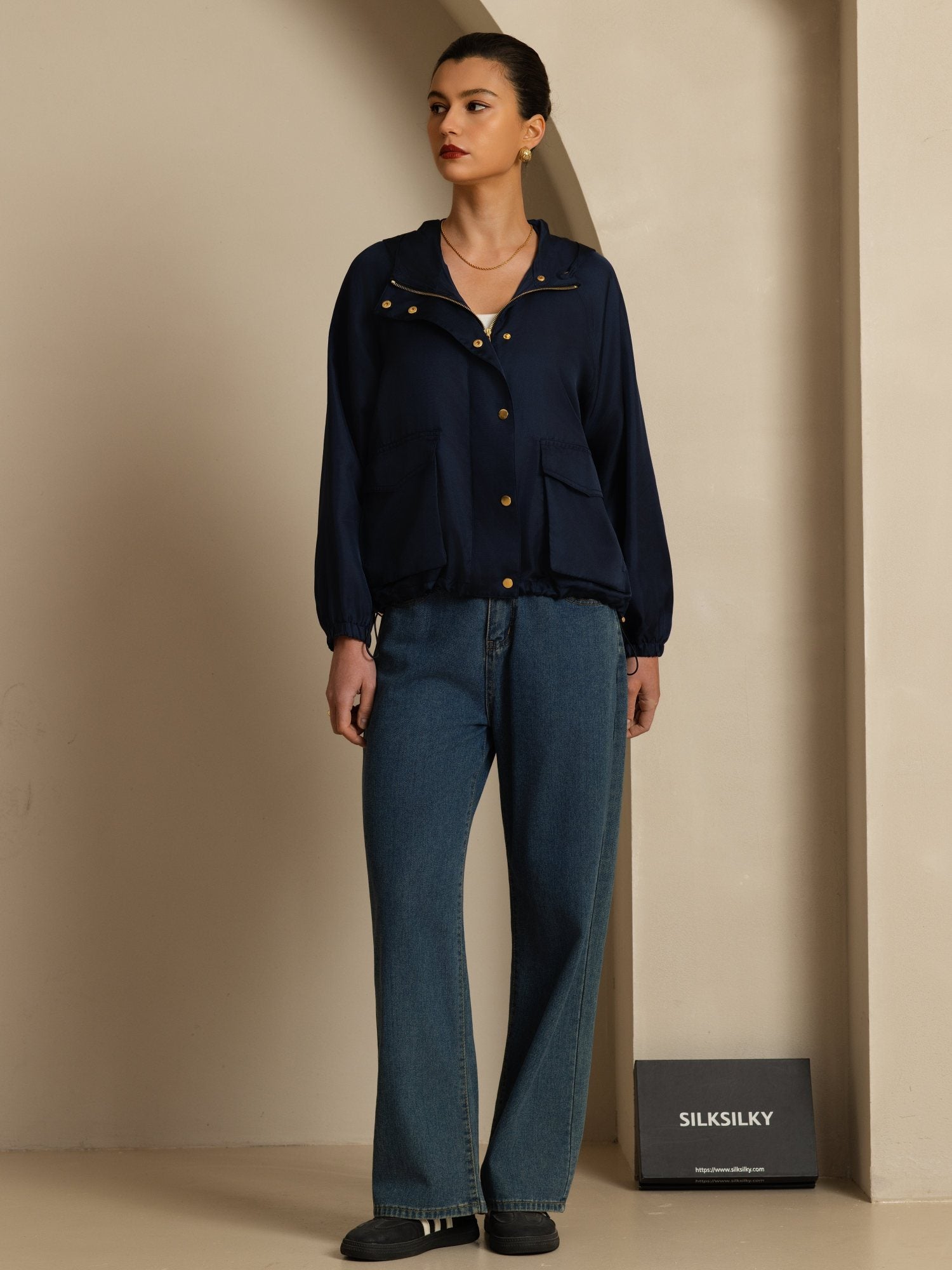 [BleuFoncé] SilkSilky-FR Manches longues Col Haut Femme Manteaux 007