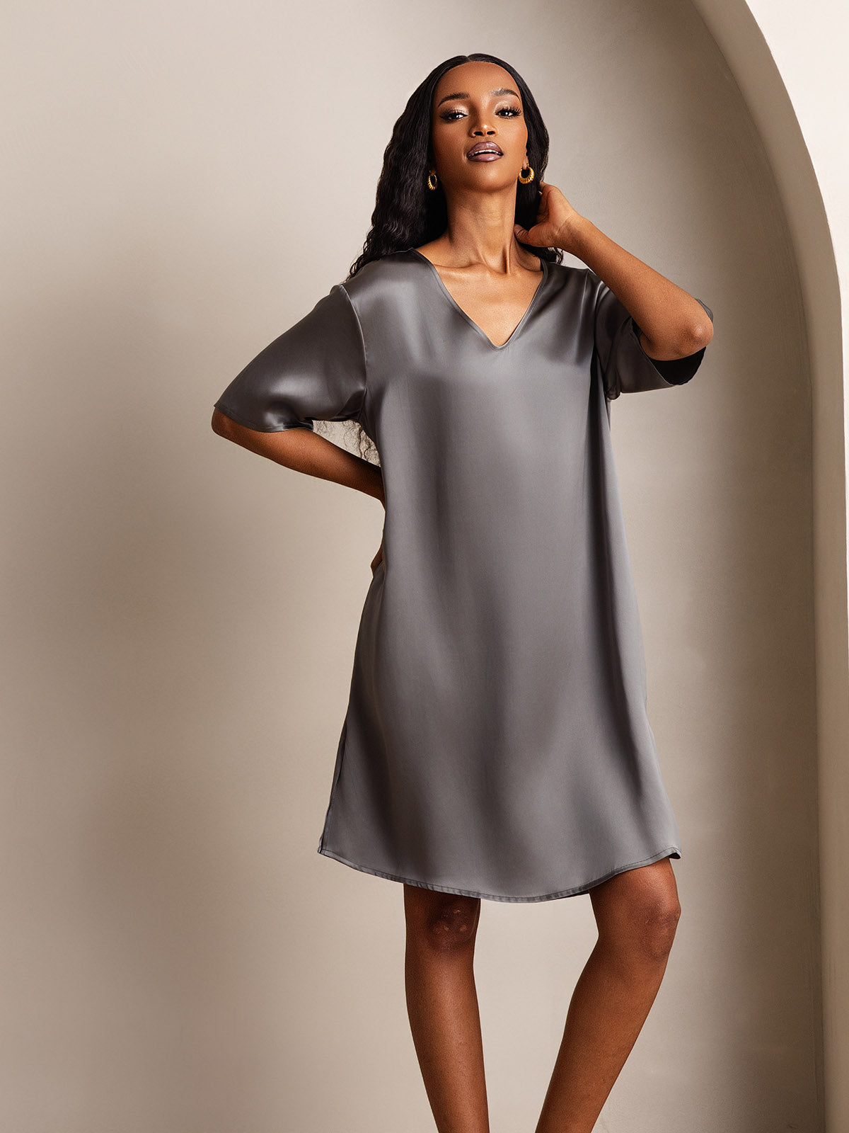 [Gris Foncé] SilkSilky-FR Pure Soie Col en V Chemises de nuit 007