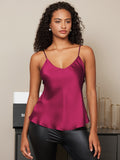 SilkSilky-FR Pure Soie Sans manches Col en V Top À Fines Brides Fuchsia 004