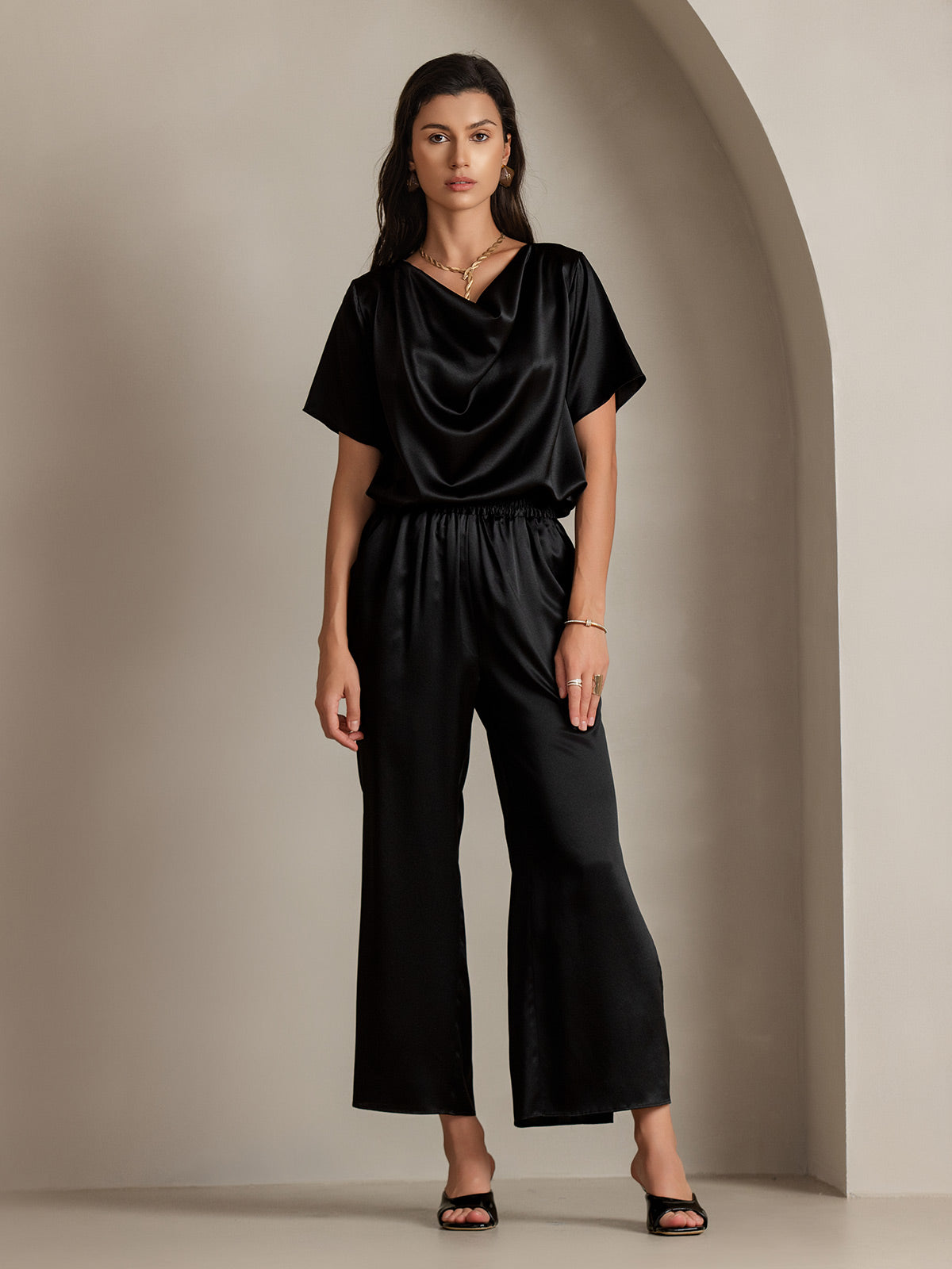[Noir] SilkSilky-FR 19Momme Soie Col Bénitier Femme T-Shirt 005