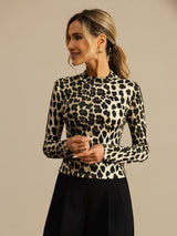 [Leopard] SilkSilky-FR Manches longues Col Mock Femme T-Shirt 004