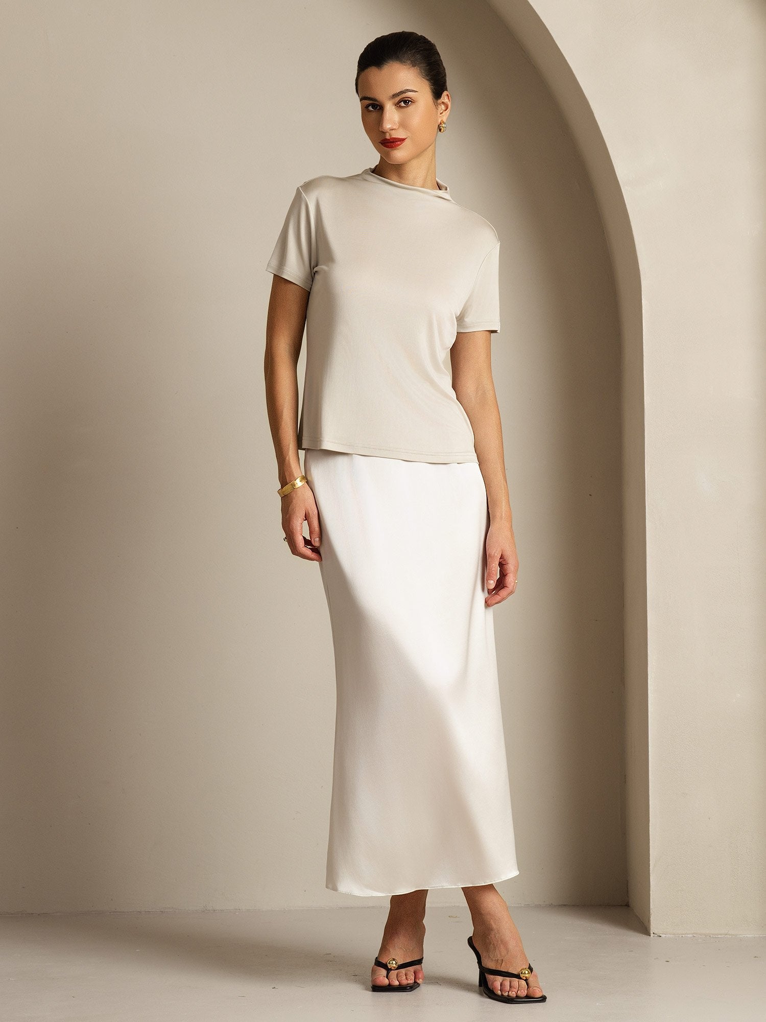 [Gris] SilkSilky-FR Soie Col Chemise Femme T-Shirt 009