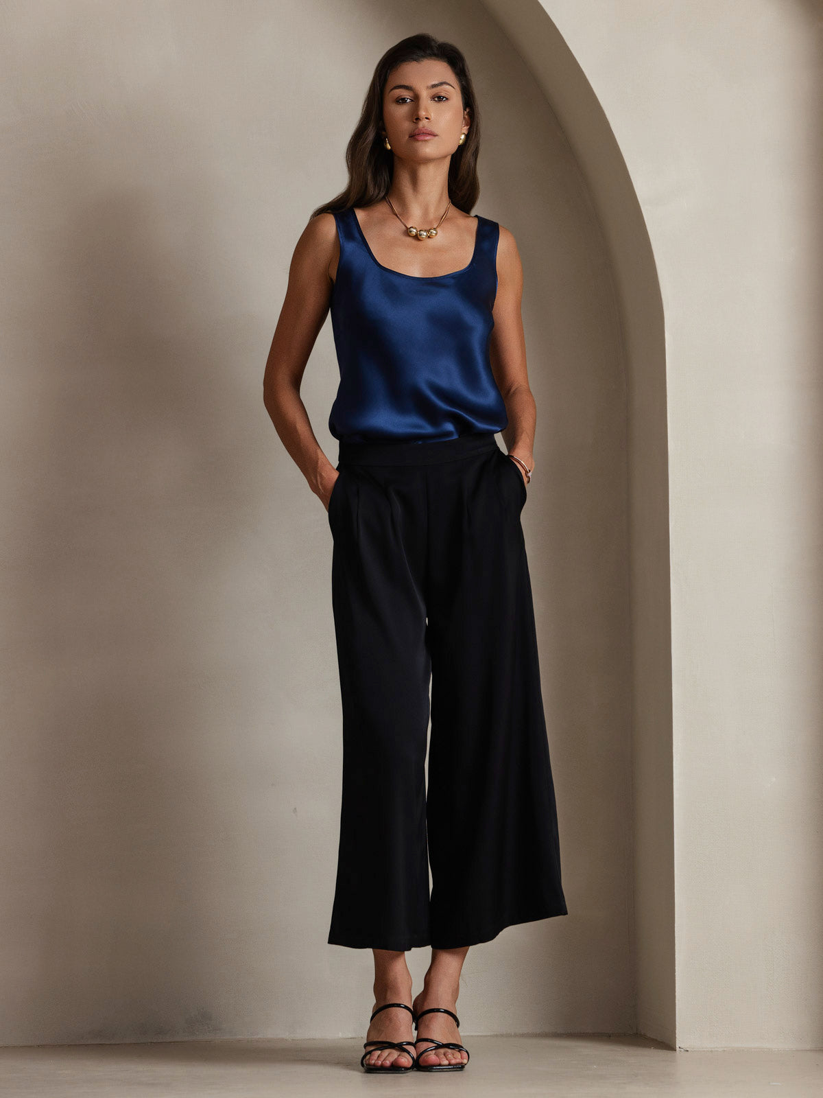 [Bleu Foncé] SilkSilky-FR 19Momme Sans manches Encolure Dégagée Top À Fines Brides 008