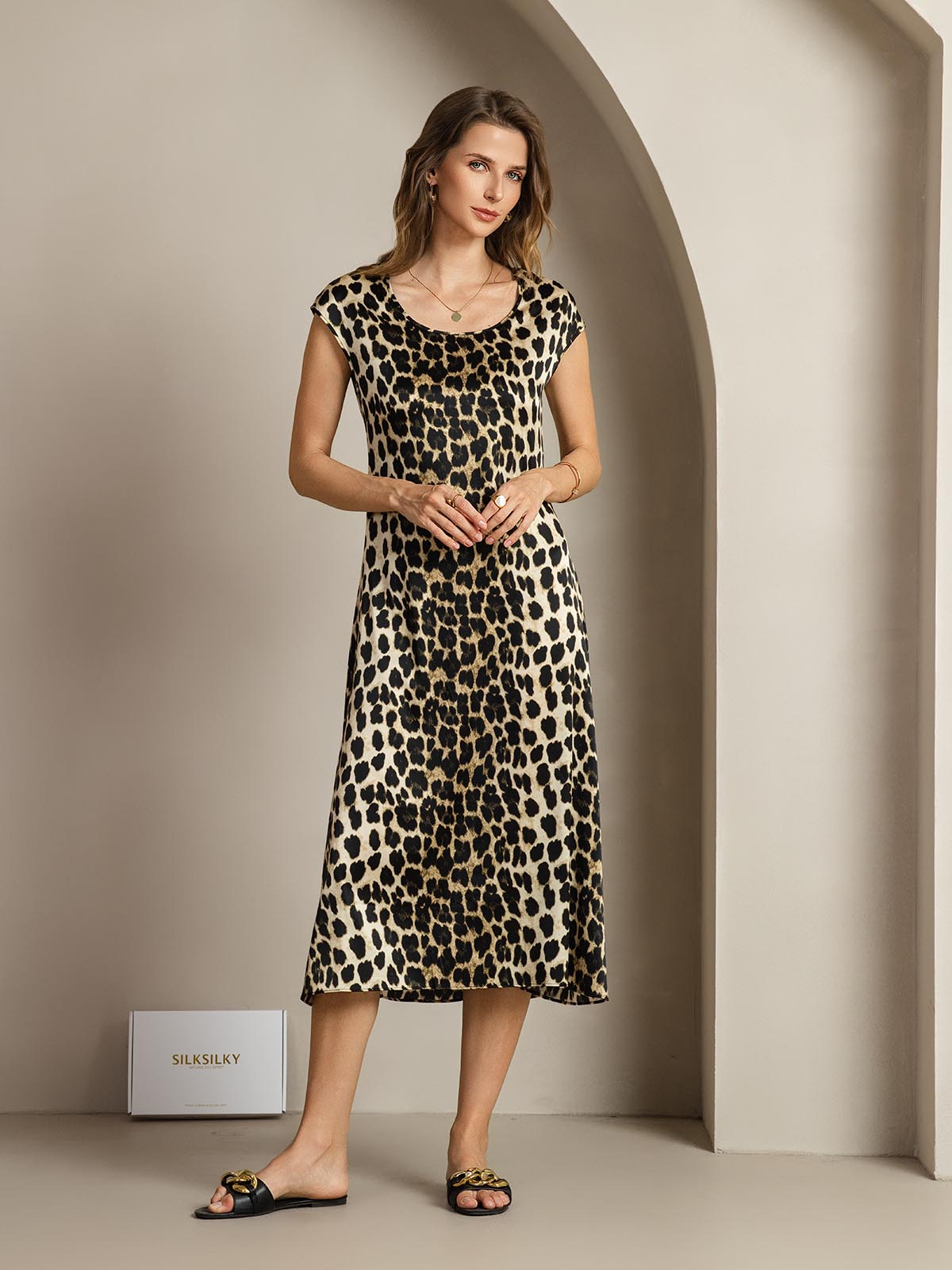 [Leopard] SilkSilky-FR 19Momme Soie Col Rond Robes 006