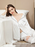 SilkSilky FR Pure Soie Manches longues Revers Femme Pyjamas Blanc 005