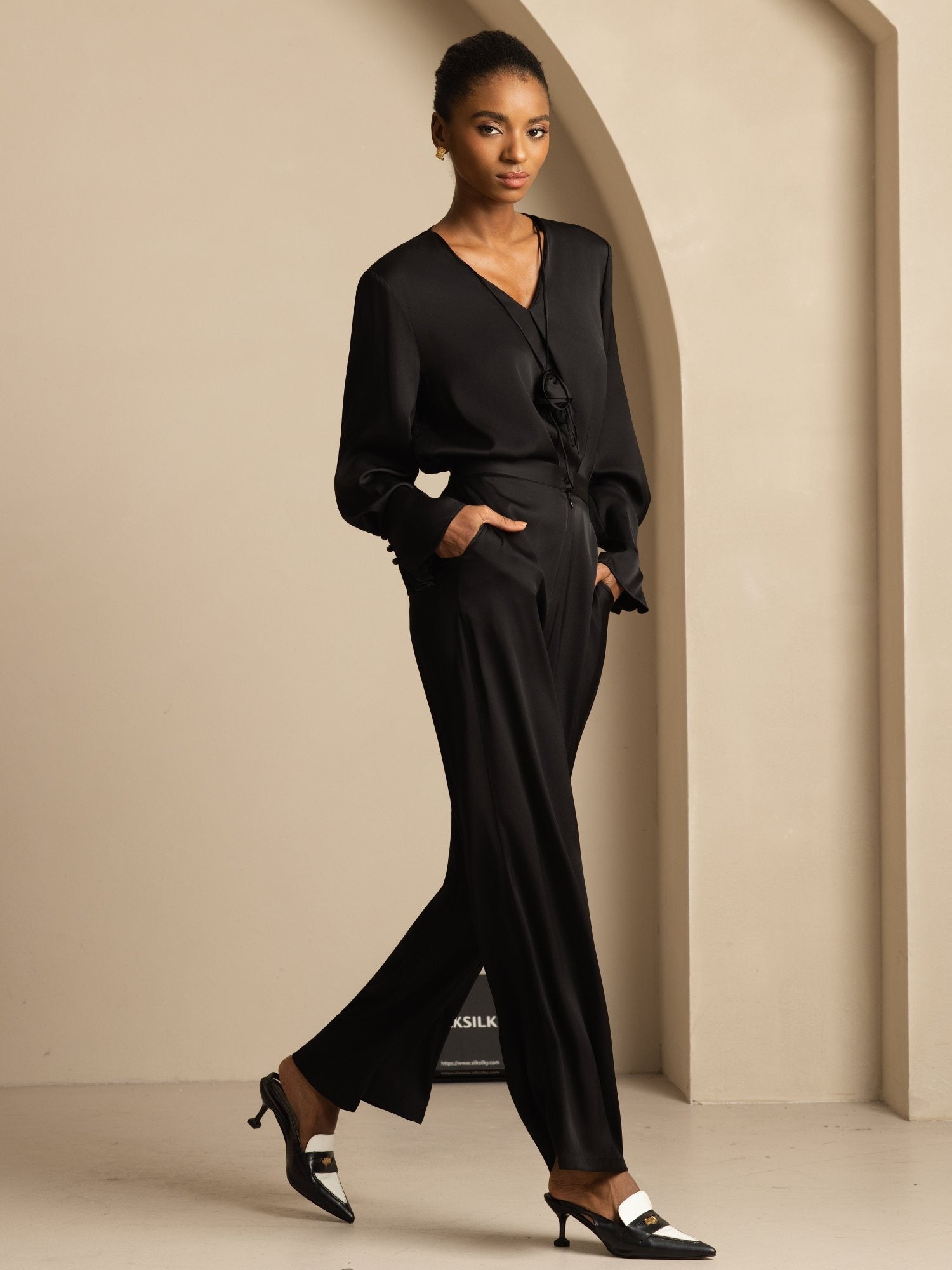 [Noir] SilkSilky-FR 19Momme Soie Womens Pants 008