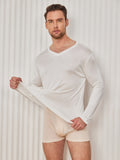 SilkSilky FR Soie Tricotée Manches longues Col en V Homme T Shirt Blanc 004