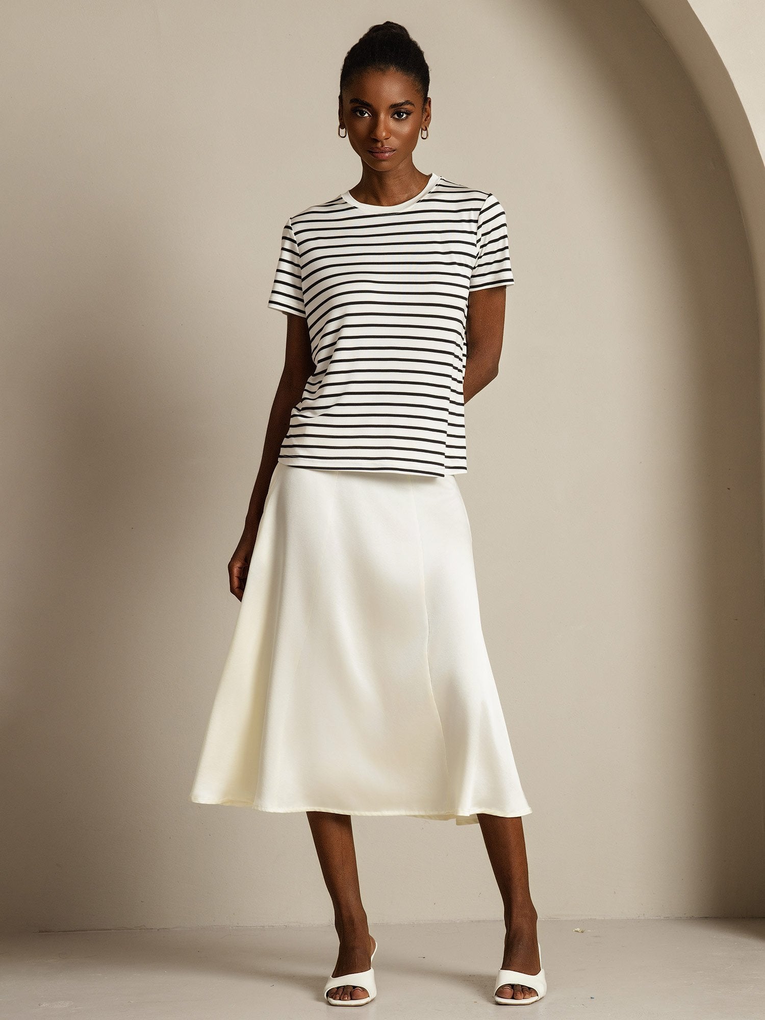 [RayureBlanche] SilkSilky-FR Soie Col Rond Femme T-Shirt 007