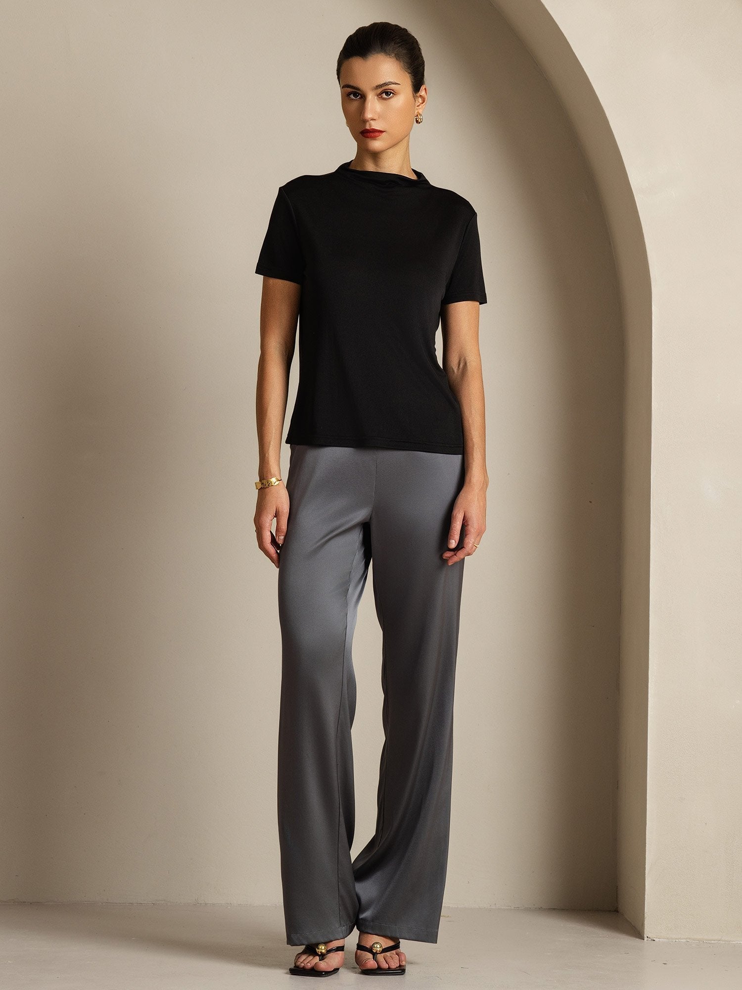 [Noir] SilkSilky-FR Soie Col Chemise Femme T-Shirt 007