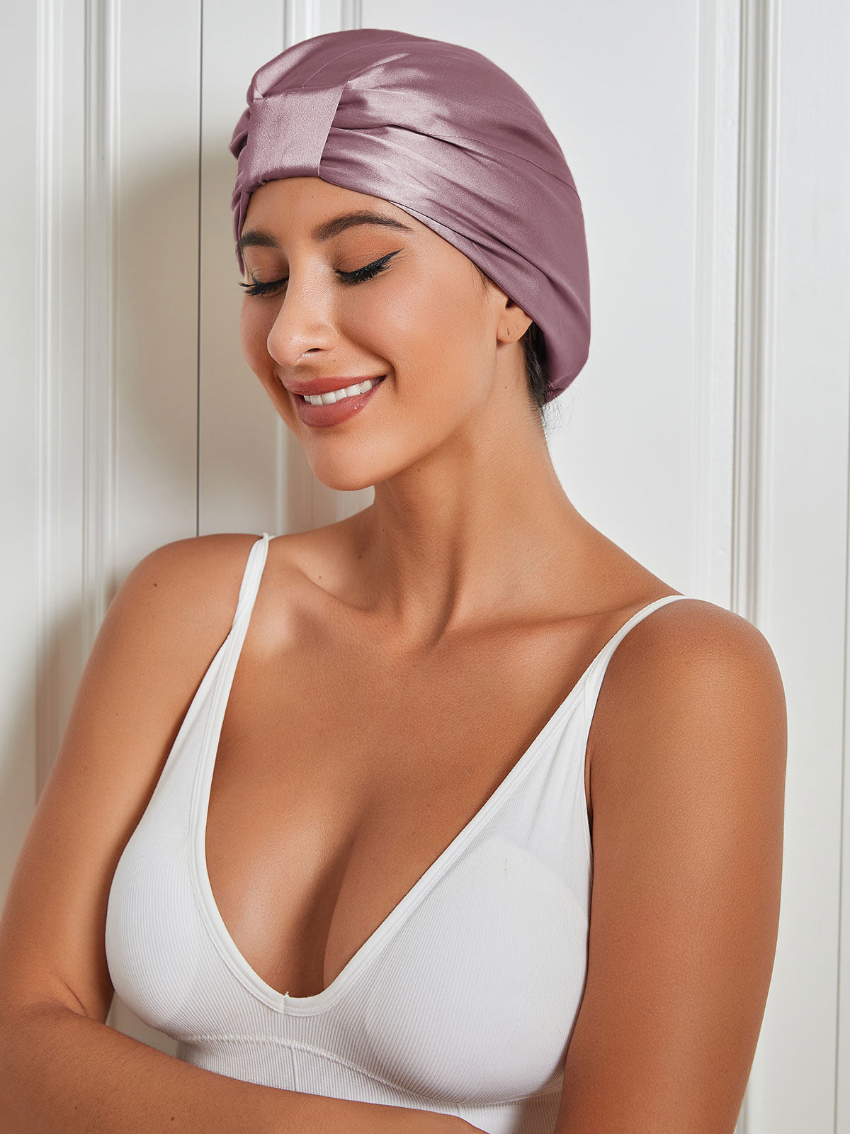 SilkSilky-FR-Pure-Soie-Sleep-Cap-Mauve-Pâle-001