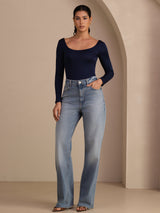 [Bleu Foncé] SilkSilky-FR Long Sleeve Col en U Femme T-Shirt 007
