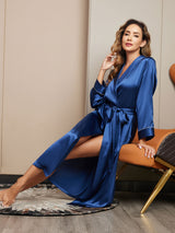 [Bleu Foncé] SilkSilky-FR 19Momme Manches longues Femme Peignoir 007
