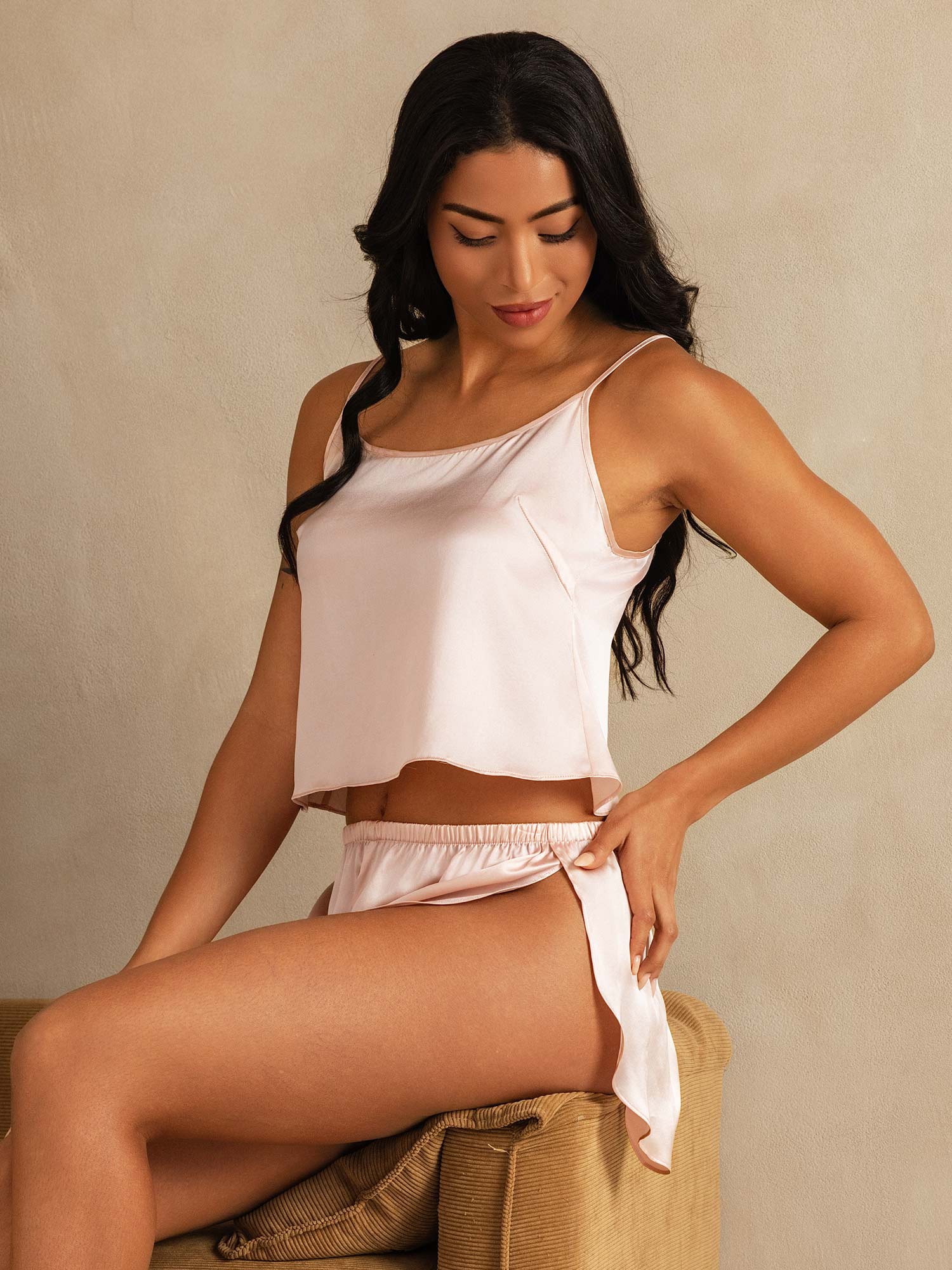[Rose] SilkSilky-FR Pure Soie Col Rond Ensemble Camisole 003