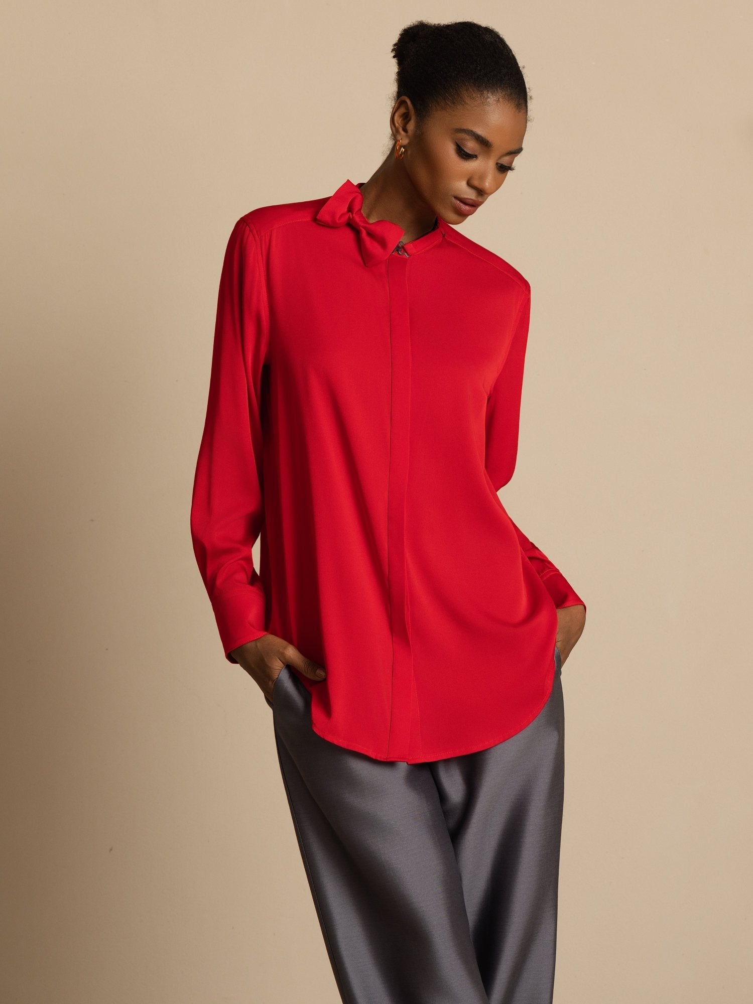 [RougeVineux] SilkSilky-FR 19Momme Soie Manches longues Col Montant Blouse 005