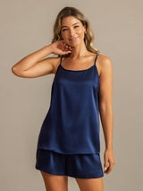 [Bleu Foncé] SilkSilky-FR 19Momme Soie Sans manches Col Rond Ensemble Camisole 003