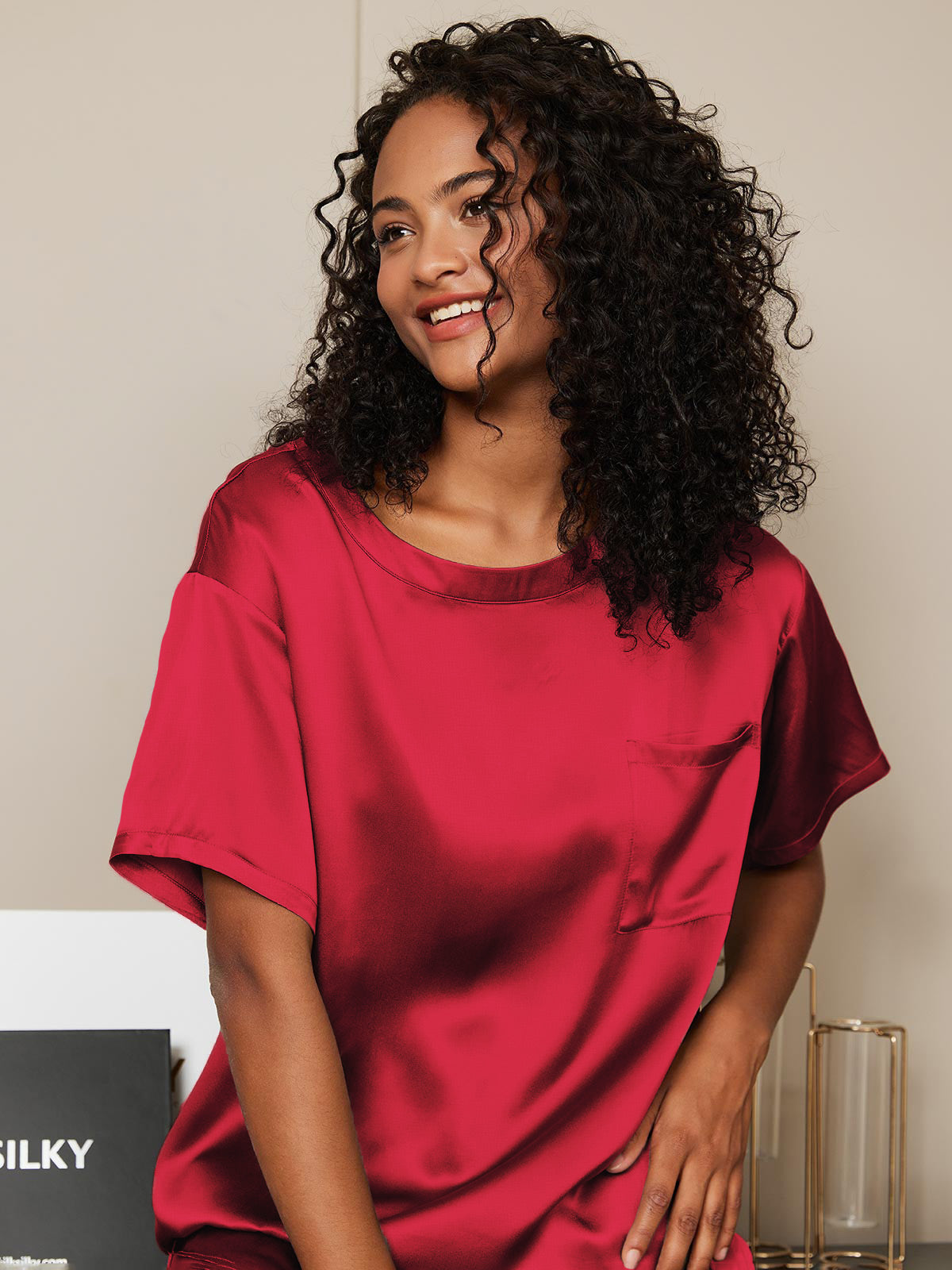 [Rouge Vineux] SilkSilky-FR Pure Soie Col Rond Femme Pyjamas 006