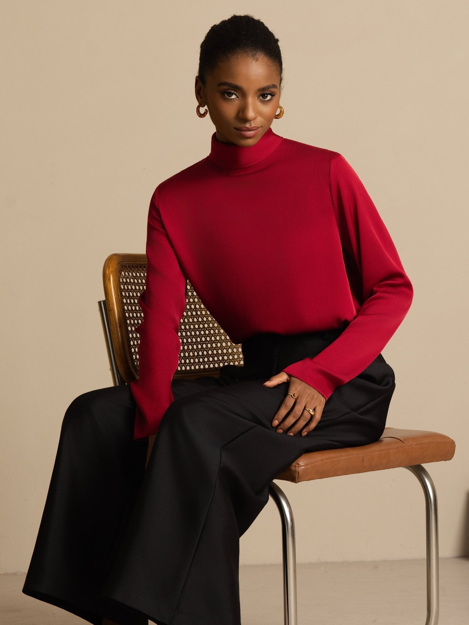 [RougeVineux] SilkSilky-FR 19Momme Soie Manches longues Col Roulé Femme T-Shirt 007