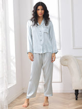 [Bleu Clair] SilkSilky-FR Long Sleeve Lapel Collar Femme Pyjamas 003