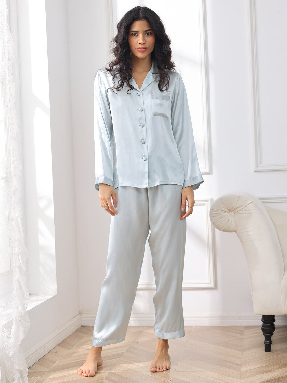 [Bleu Clair] SilkSilky-FR Pure Soie Womens Pajamas 003