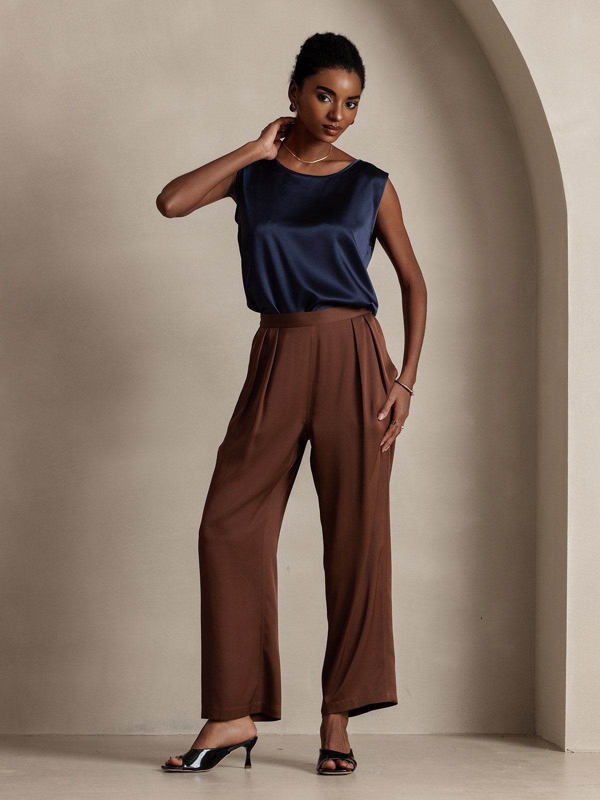 [Bleu Foncé] SilkSilky-FR 19Momme Sans manches Col Rond Top À Fines Brides 005