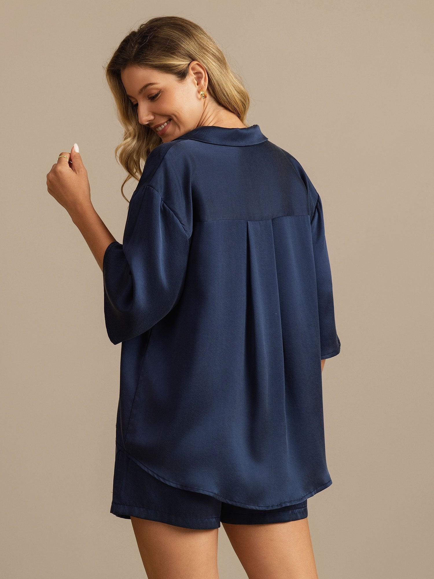 [Bleu Foncé] SilkSilky-FR 19Momme Soie Manches mi-longues Col Chemise Femme Pyjamas 002