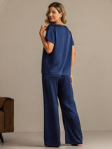 [Bleu Foncé] SilkSilky-FR 19Momme Manches courtes Femme Pyjamas 002