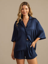 [Bleu Foncé] SilkSilky-FR 19Momme Manches mi-longues Col Cranté Femme Pyjamas 006