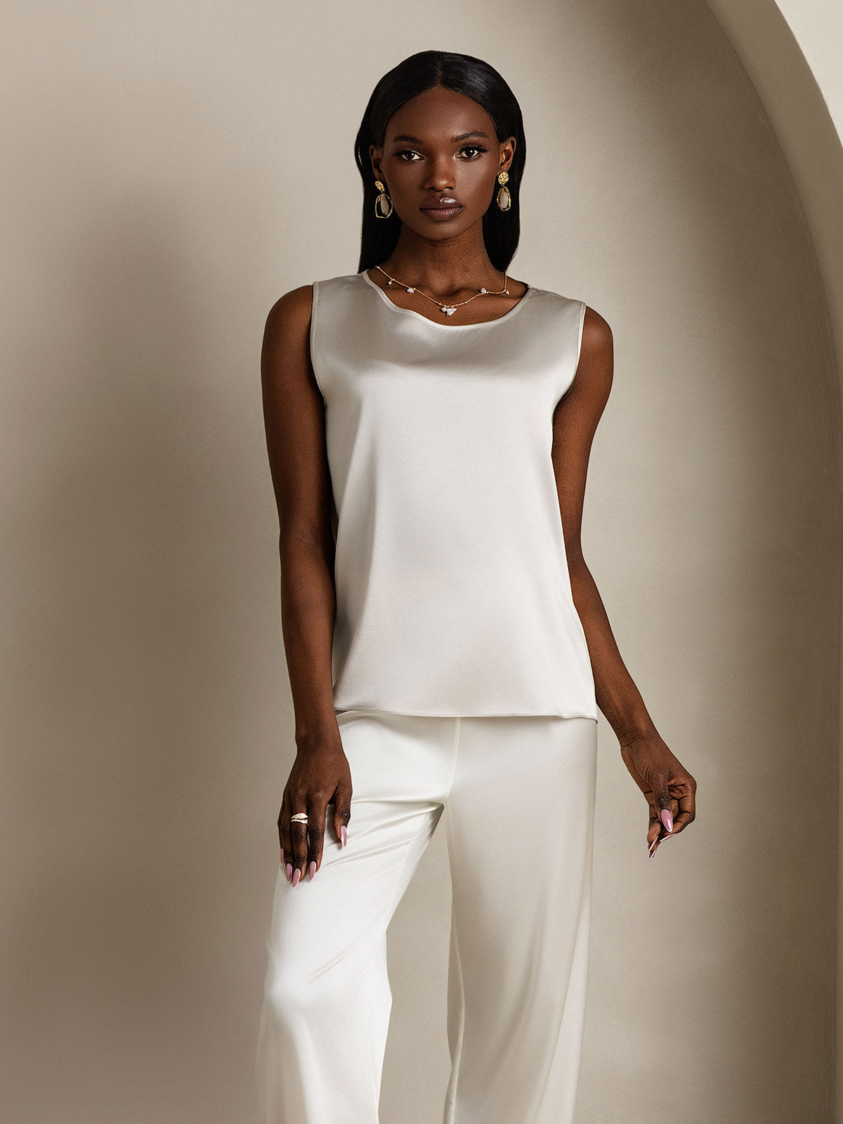 [Gris Clair] SilkSilky-FR 19Momme Sans manches Col Rond Top À Fines Brides 005