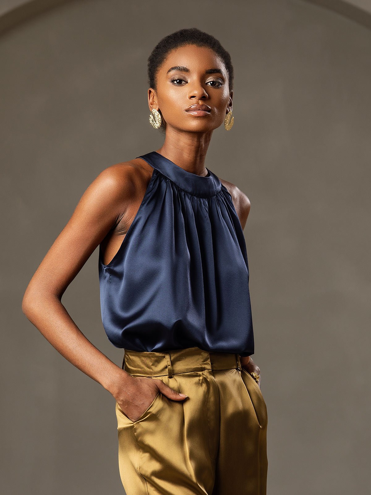 [Bleu Foncé] SilkSilky-FR 19Momme Soie Womens T-Shirt 004