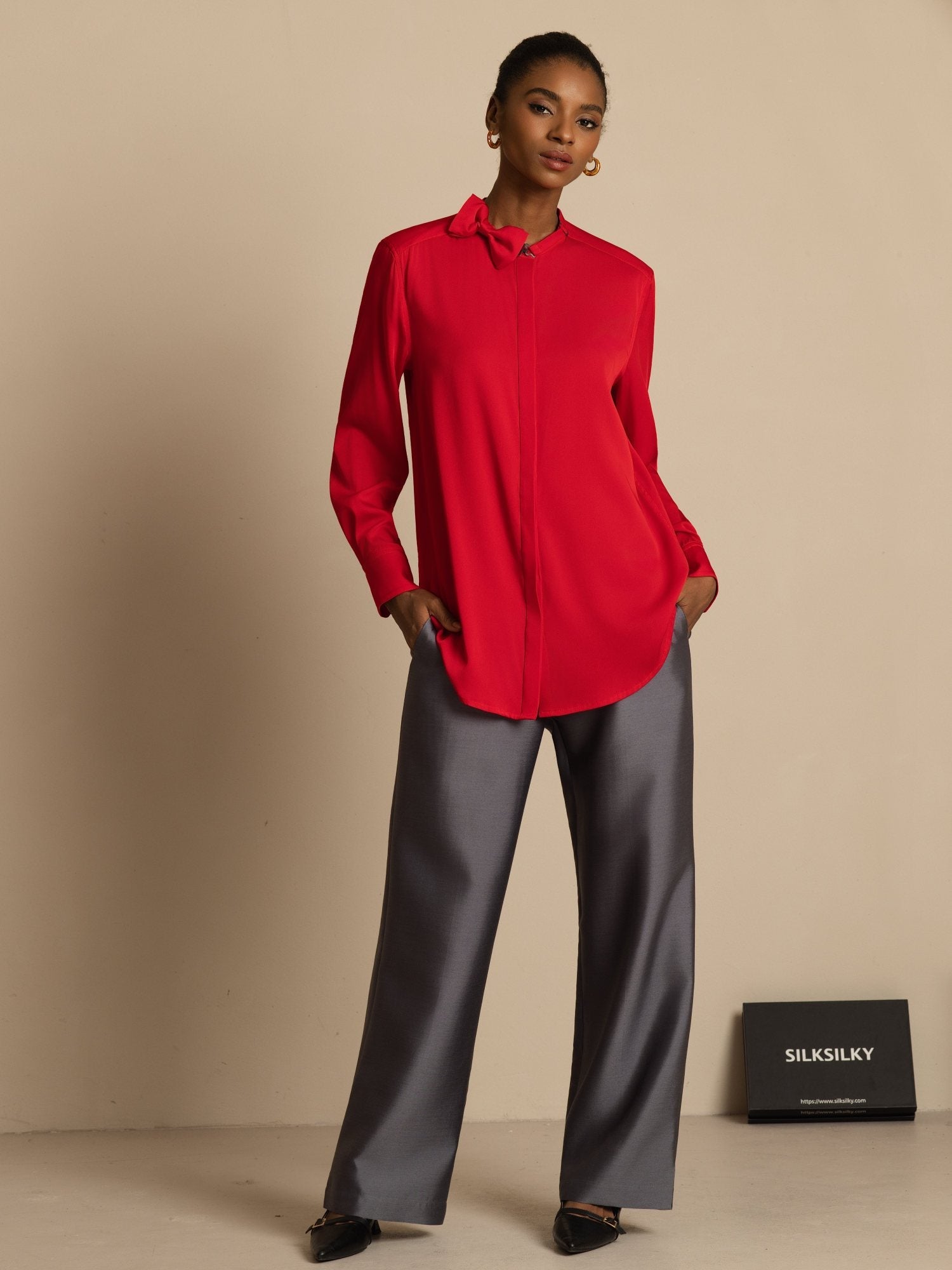 [RougeVineux] SilkSilky-FR 19Momme Soie Manches longues Col Montant Blouse 007