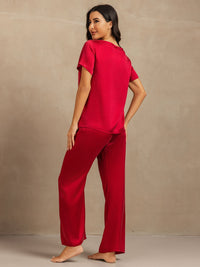 Vue de dos t-shirt soie rouge col rond manches courtes