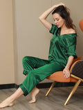 SilkSilky FR Pure Soie Manches courtes Revers Femme Pyjamas Vert 006