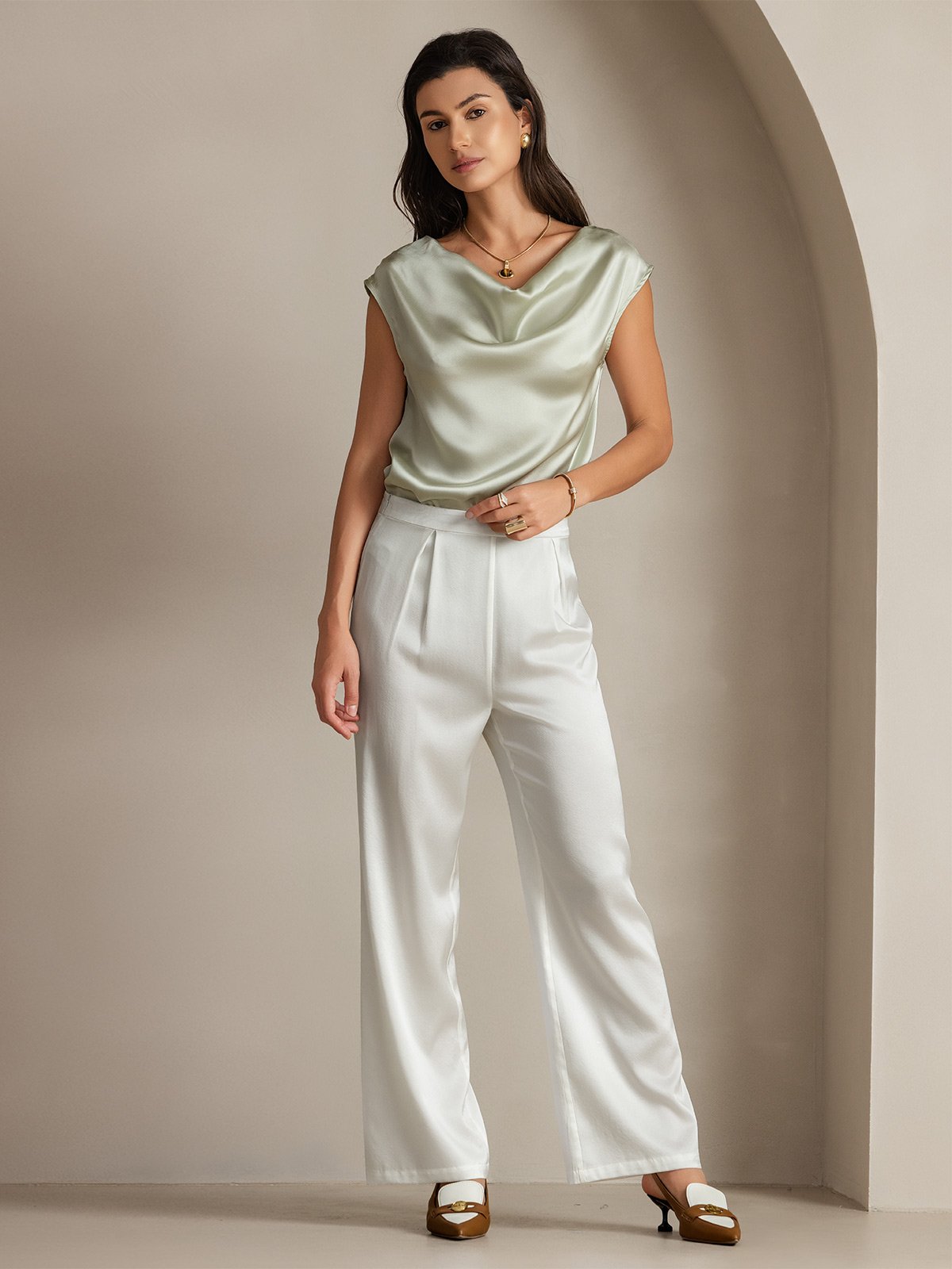 [Vert Clair] SilkSilky-FR 19Momme Soie Sans manches Col Bénitier Femme T-Shirt 006