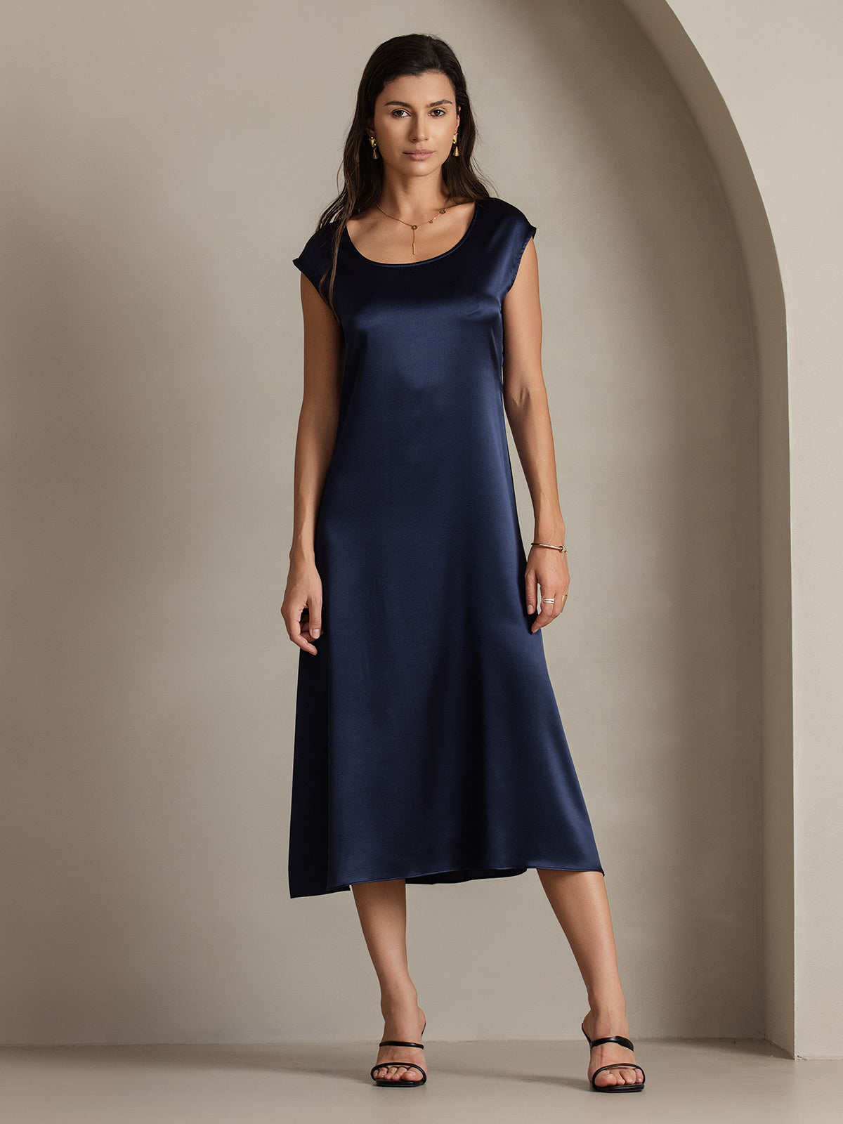 [Bleu Foncé] SilkSilky-FR 19Momme Soie Col Rond Robes 005