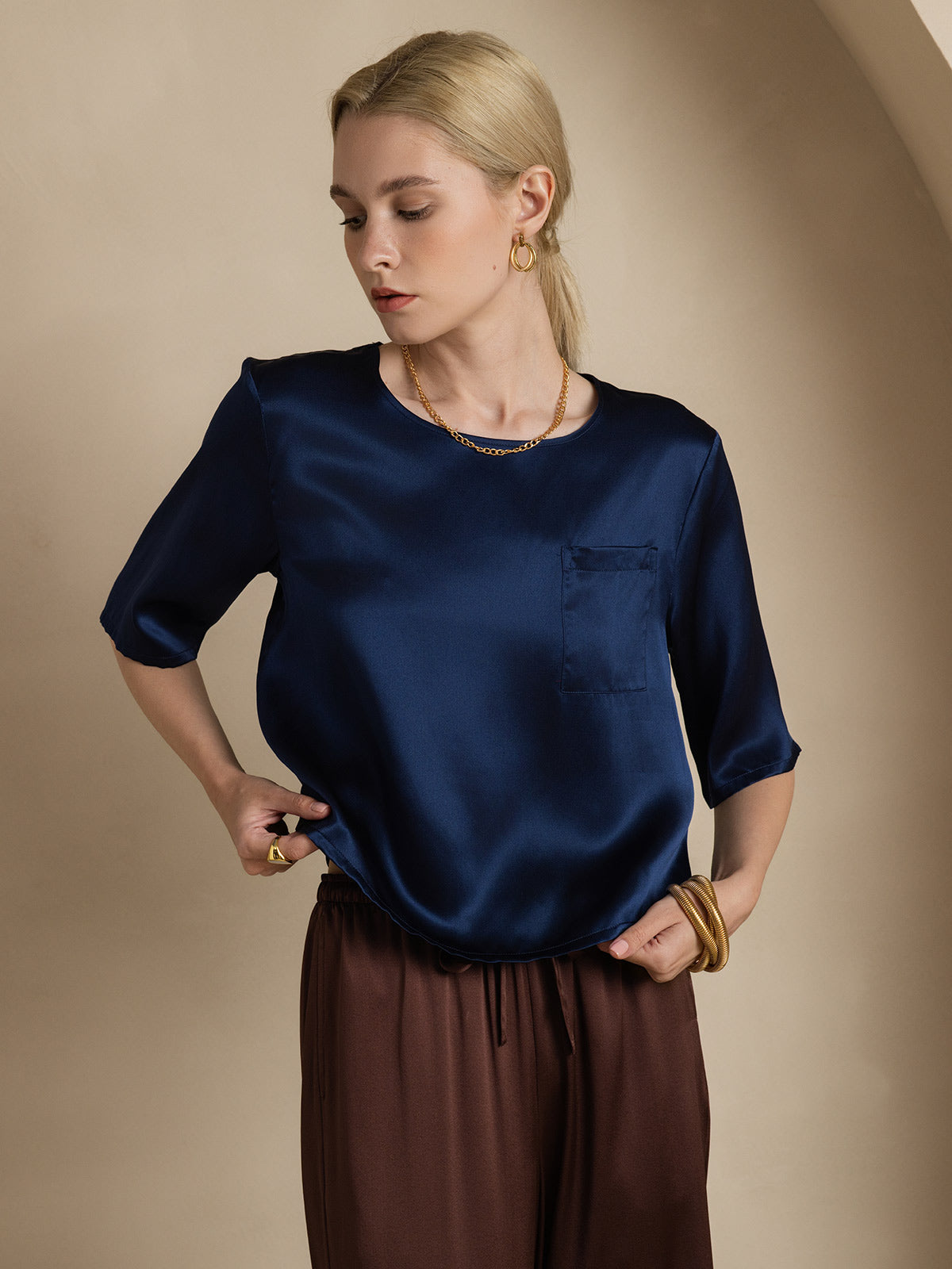 [Bleu Foncé] SilkSilky-FR Pure Soie Manches mi-longues Col Bateau Femme T-Shirt 005