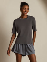 [Gris] SilkSilky-FR Half Sleeve Crew Neck Femme T-Shirt 008