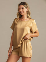 [Tan] SilkSilky-FR 19Momme Manches courtes Col Rond Femme Pyjamas 006